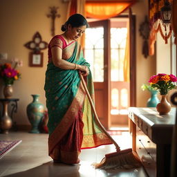 An Indian mother in a traditional colorful saree, with intricate patterns, engaged in sweeping a clean and tidy home