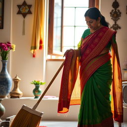 An Indian mother in a traditional colorful saree, with intricate patterns, engaged in sweeping a clean and tidy home