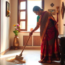 An Indian mother in a traditional colorful saree, with intricate patterns, engaged in sweeping a clean and tidy home