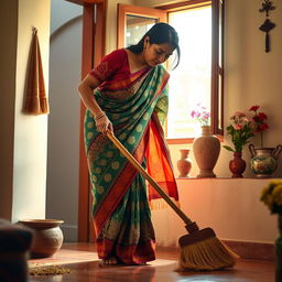 An Indian mother in a traditional colorful saree, with intricate patterns, engaged in sweeping a clean and tidy home