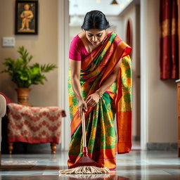 An Indian mother in a colorful traditional saree, gracefully bending down to sweep the floor