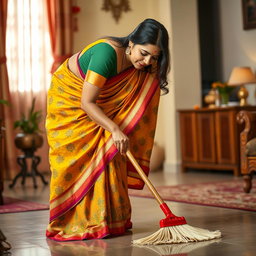An Indian mother in a colorful traditional saree, gracefully bending down to sweep the floor