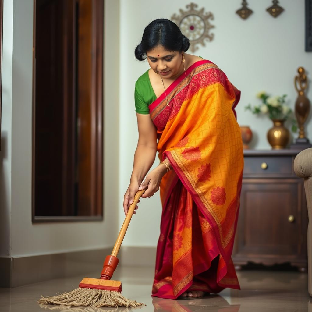 An Indian mother in a colorful traditional saree, gracefully bending down to sweep the floor