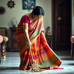 An Indian mother in a colorful traditional saree, gracefully bending down to sweep the floor