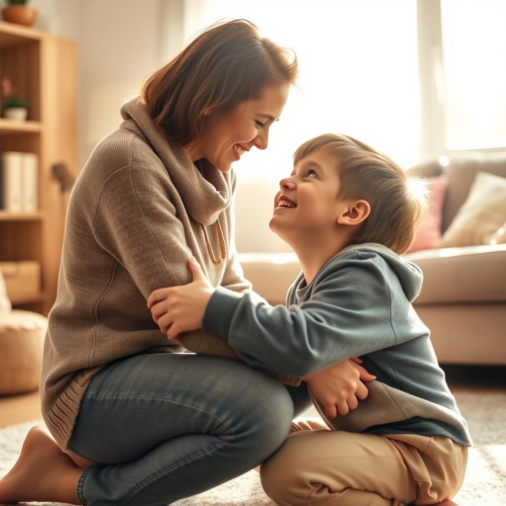 A warm and affectionate moment between a son and his mom, as they share a light-hearted hug, conveying love and trust