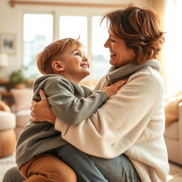 A warm and affectionate moment between a son and his mom, as they share a light-hearted hug, conveying love and trust