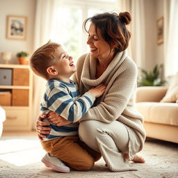 A warm and affectionate moment between a son and his mom, as they share a light-hearted hug, conveying love and trust