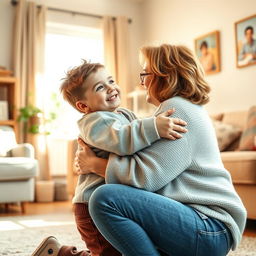 A warm and affectionate moment between a son and his mom, as they share a light-hearted hug, conveying love and trust