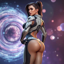 A highly realistic 3D render of a powerful female leader named Anna, representing an interdimensional dominion known as the Cosmonauts