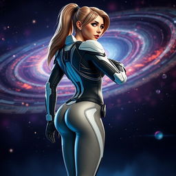 A highly realistic 3D render of a powerful female leader named Anna, representing an interdimensional dominion known as the Cosmonauts