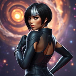 A highly realistic 3D render of Anna, a mixed female leader of the interdimensional dominion known as the Cosmonauts