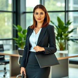 A professional-looking woman dressed in a formal business outfit, including a tailored blazer and pencil skirt, standing confidently with a neutral expression