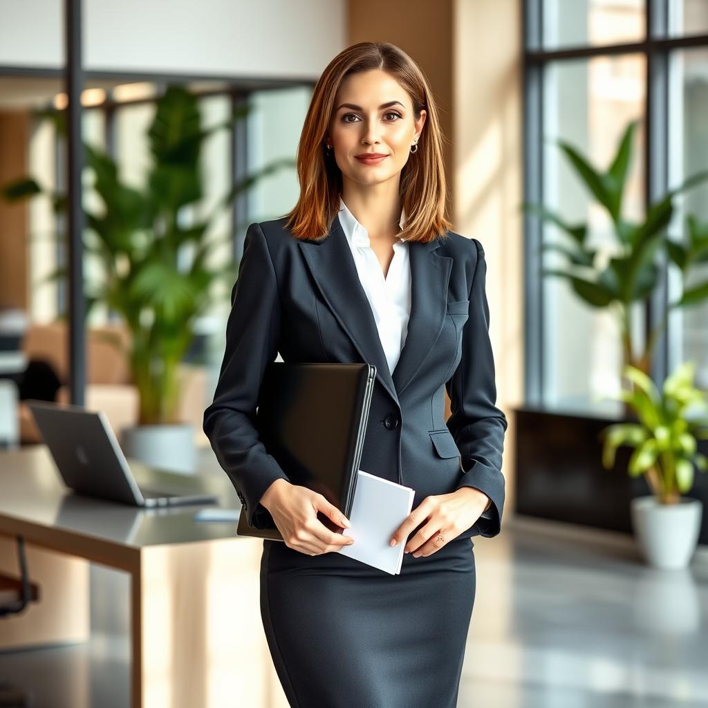 A professional-looking woman dressed in a formal business outfit, including a tailored blazer and pencil skirt, standing confidently with a neutral expression