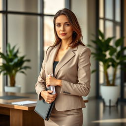 A professional-looking woman dressed in a formal business outfit, including a tailored blazer and pencil skirt, standing confidently with a neutral expression