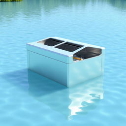 A 3D model of a garbage collection machine on water, designed to resemble a box