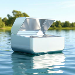 A 3D model of a garbage collection machine on water, designed to resemble a box