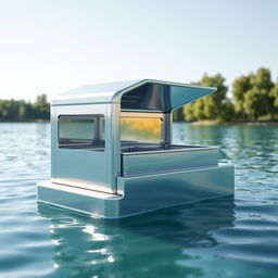 A 3D model of a garbage collection machine on water, designed to resemble a box
