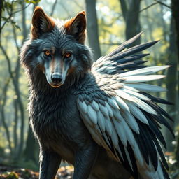 A mythical creature that is a hybrid of a wolf and a goose, showcasing the fierce features of a wolf combined with the elegant body and long neck of a goose