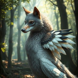 A mythical creature that is a hybrid of a wolf and a goose, showcasing the fierce features of a wolf combined with the elegant body and long neck of a goose