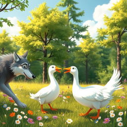 A whimsical scene featuring a wolf and a goose interacting playfully in a vibrant forest setting