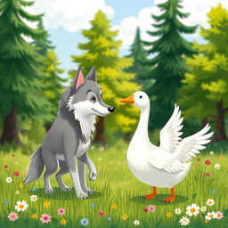 A whimsical scene featuring a wolf and a goose interacting playfully in a vibrant forest setting