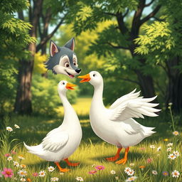 A whimsical scene featuring a wolf and a goose interacting playfully in a vibrant forest setting