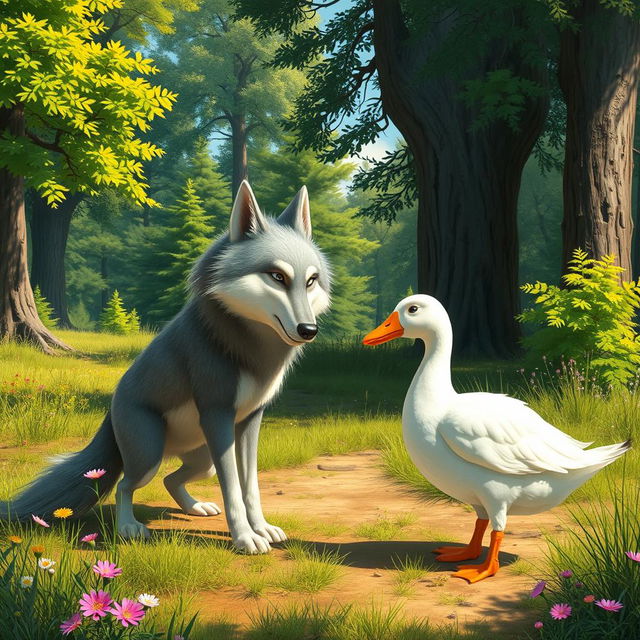 A whimsical scene featuring a wolf and a goose interacting playfully in a vibrant forest setting