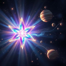 A beautifully glowing magic star surrounded by ethereal sparkles and swirling cosmic dust