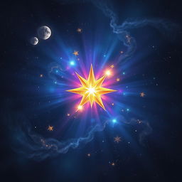 A beautifully glowing magic star surrounded by ethereal sparkles and swirling cosmic dust