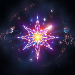 A beautifully glowing magic star surrounded by ethereal sparkles and swirling cosmic dust