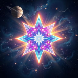 A beautifully glowing magic star surrounded by ethereal sparkles and swirling cosmic dust