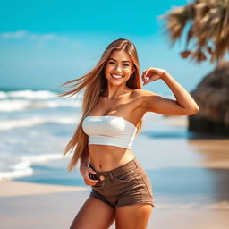 A sexy girl posing confidently in a stylish summer outfit, featuring a fitted crop top and high-waisted shorts, with a playful expression