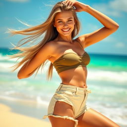 A sexy girl posing confidently in a stylish summer outfit, featuring a fitted crop top and high-waisted shorts, with a playful expression