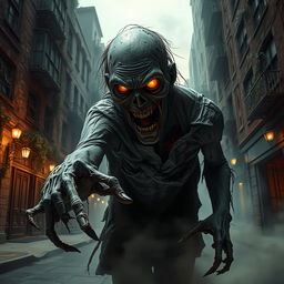 A terrifying zombie emerging from the shadows, with decaying flesh and glowing yellow eyes, in a desolate urban environment
