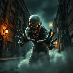 A terrifying zombie emerging from the shadows, with decaying flesh and glowing yellow eyes, in a desolate urban environment