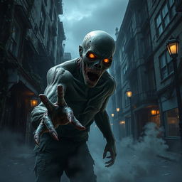A terrifying zombie emerging from the shadows, with decaying flesh and glowing yellow eyes, in a desolate urban environment