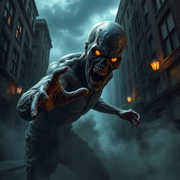 A terrifying zombie emerging from the shadows, with decaying flesh and glowing yellow eyes, in a desolate urban environment