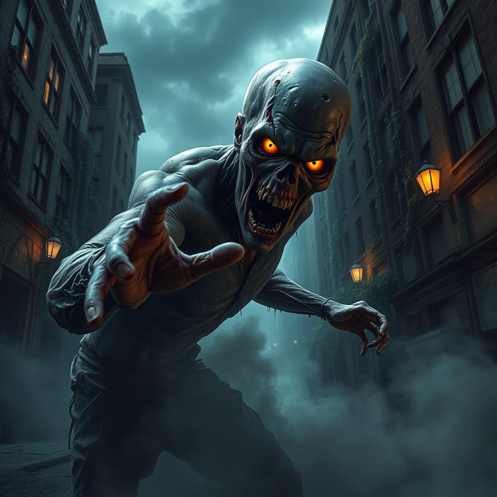 A terrifying zombie emerging from the shadows, with decaying flesh and glowing yellow eyes, in a desolate urban environment