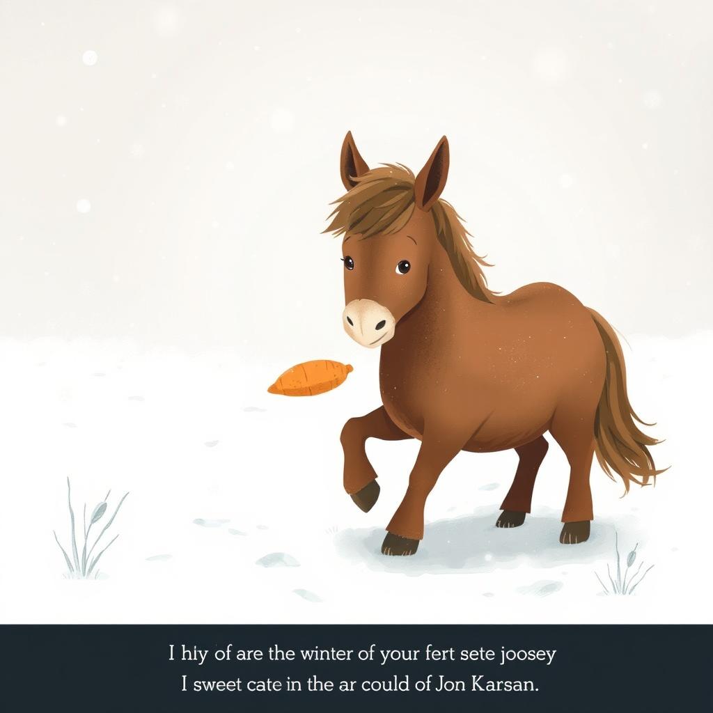 In a serene winter landscape, a fully brown pony stands in the snow, holding a sweet potato in its front hooves as it takes a step forward