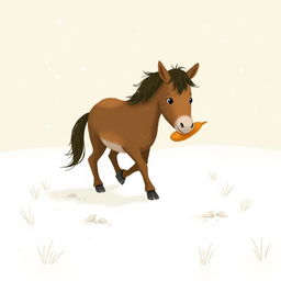 In a serene winter landscape, a fully brown pony stands in the snow, holding a sweet potato in its front hooves as it takes a step forward
