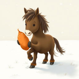 In a serene winter landscape, a fully brown pony stands in the snow, holding a sweet potato in its front hooves as it takes a step forward