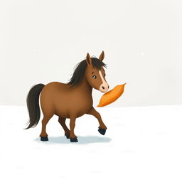 In a serene winter landscape, a fully brown pony stands in the snow, holding a sweet potato in its front hooves as it takes a step forward