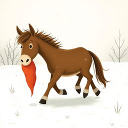 In a picturesque winter setting, a brown pony walks through a snowy landscape, grasping a red sweet potato in its front hooves