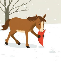 In a picturesque winter setting, a brown pony walks through a snowy landscape, grasping a red sweet potato in its front hooves