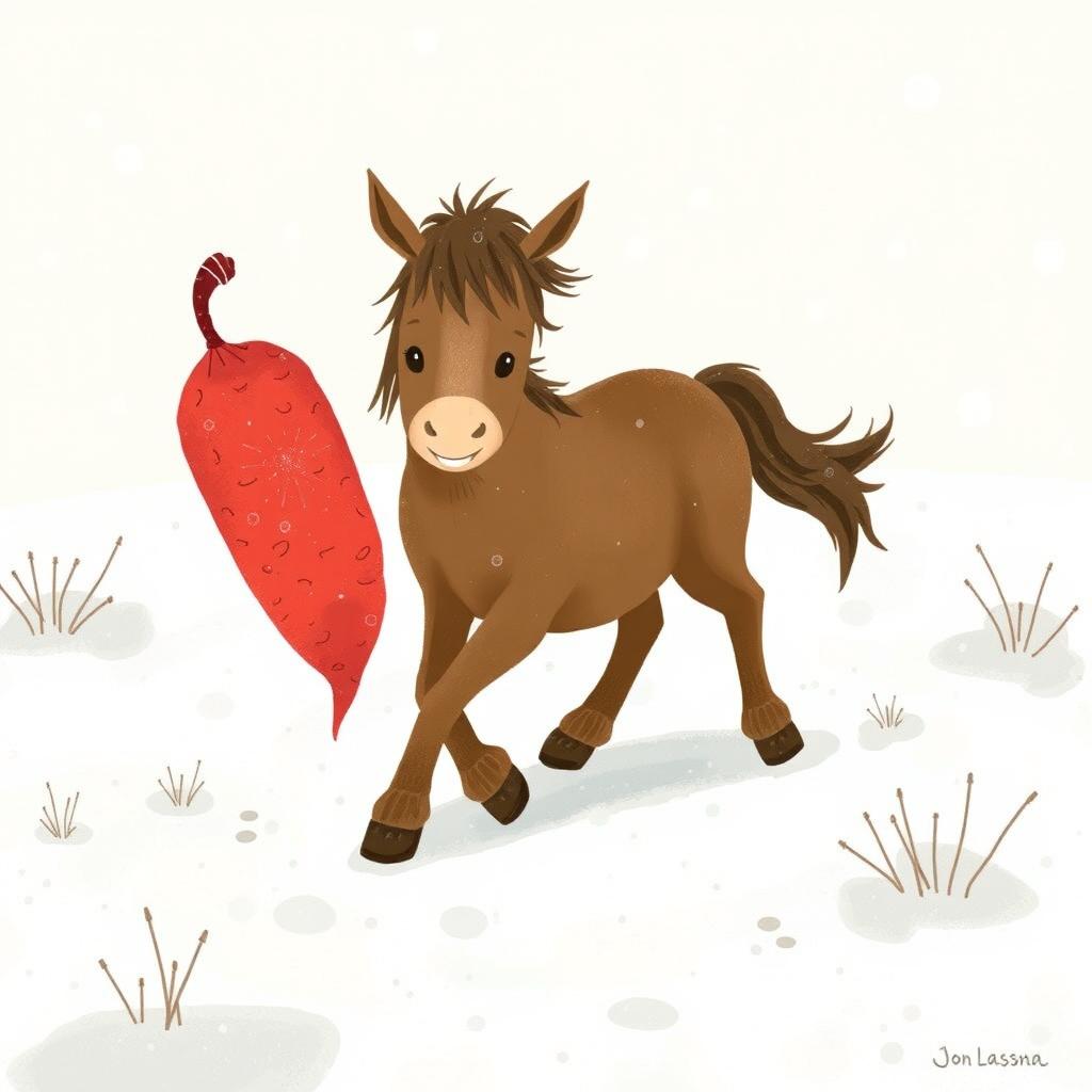 In a picturesque winter setting, a brown pony walks through a snowy landscape, grasping a red sweet potato in its front hooves