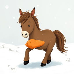 In a delightful winter setting, a cute brown pony is walking through a snowy landscape, holding a sweet potato in its front hooves as it moves forward