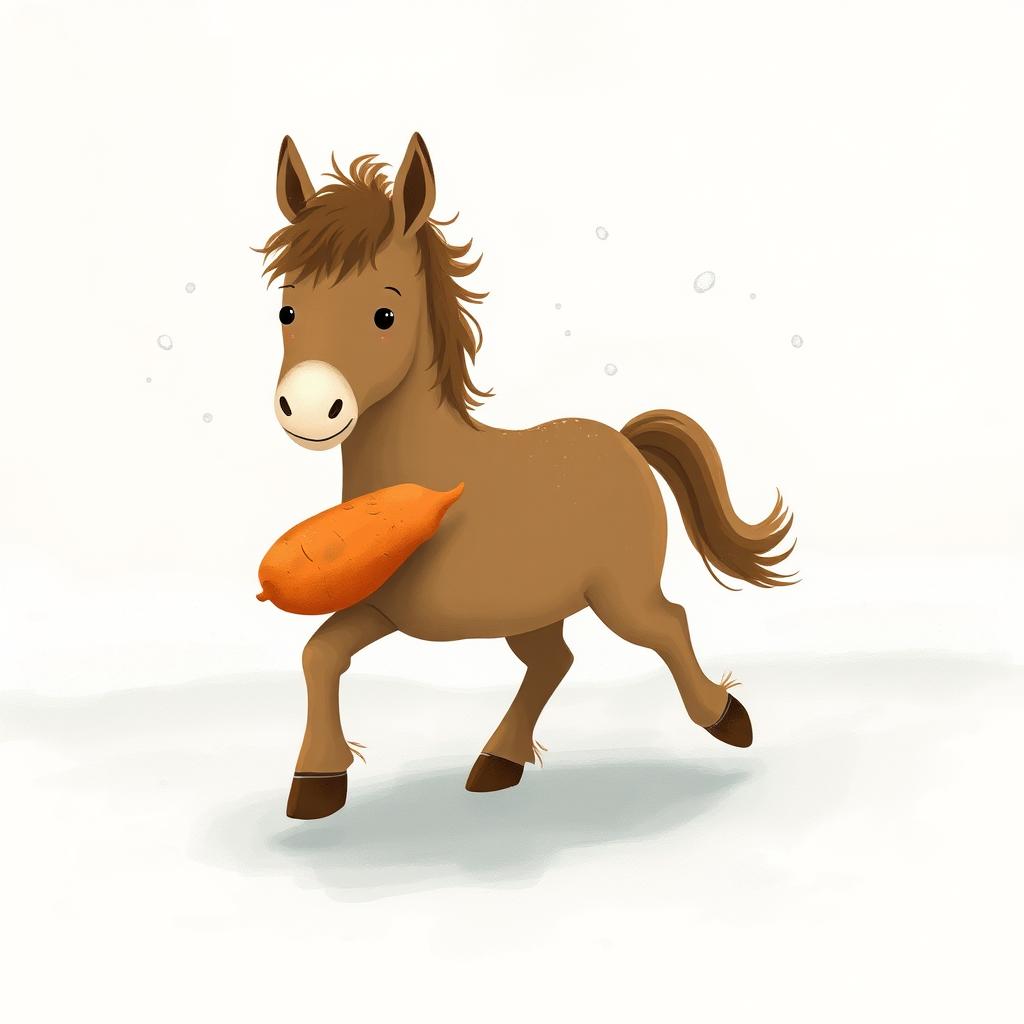 In a delightful winter setting, a cute brown pony is walking through a snowy landscape, holding a sweet potato in its front hooves as it moves forward