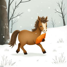 In a delightful winter setting, a cute brown pony is walking through a snowy landscape, holding a sweet potato in its front hooves as it moves forward