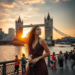 A stunning Latin woman gazes thoughtfully at the iconic Tower Bridge in London, her expression reflecting a mix of admiration and contemplation