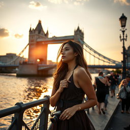 A stunning Latin woman gazes thoughtfully at the iconic Tower Bridge in London, her expression reflecting a mix of admiration and contemplation